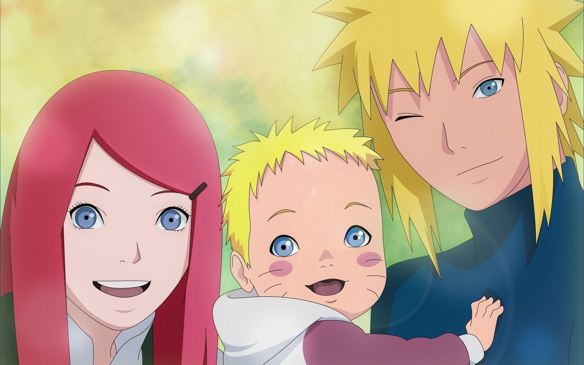 Ilustração colorida de Minato Namikaze e Kushina Uzumaki sorrindo ao lado do bebê Naruto. Minato pisca para a câmera enquanto Kushina sorri alegremente; ao centro, o pequeno Naruto aparece com suas marcas nas bochechas e grandes olhos azuis.